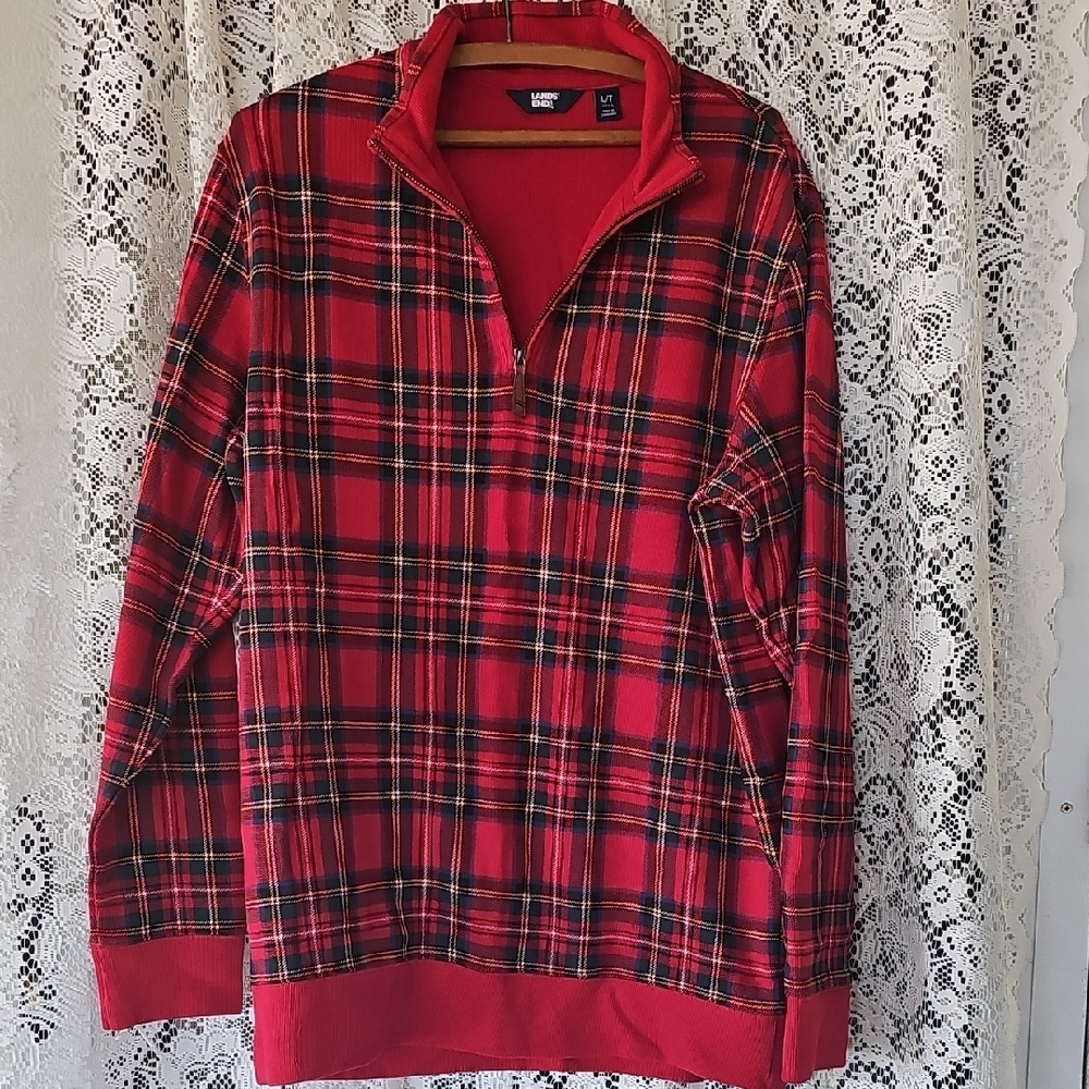 Lands' End Red Checkered Zip-Up Sweater